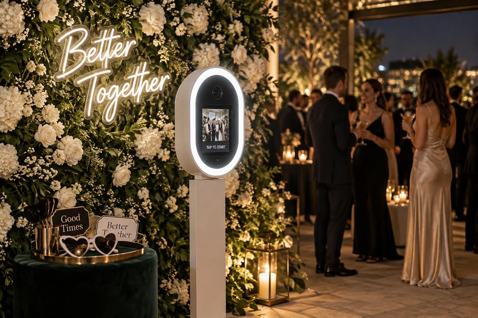 Better Together neon sign on a flower wall beside a photo booth at a cocktail party