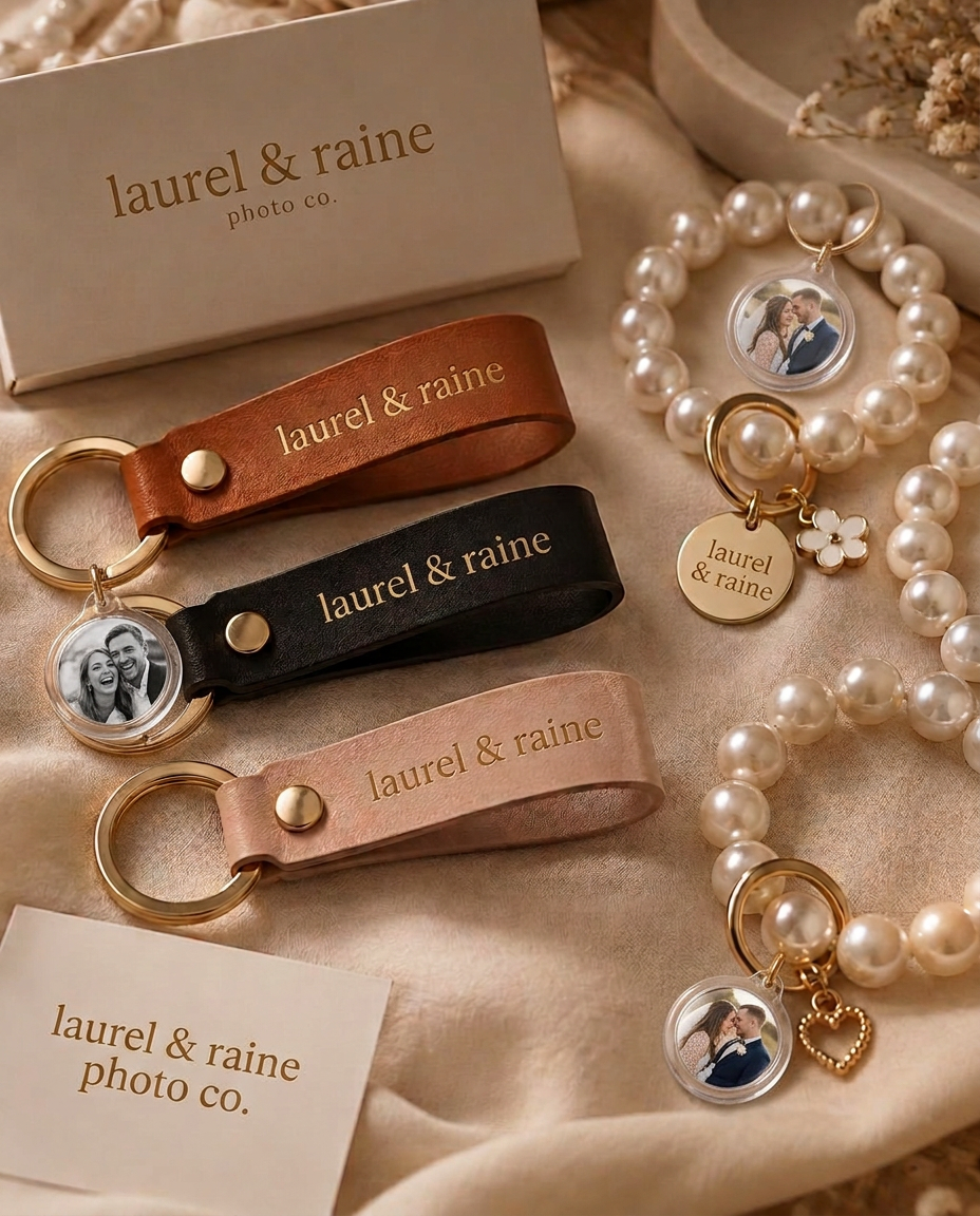 laurel & raine branded leather keychains and pearl bracelets with clear round photo holders